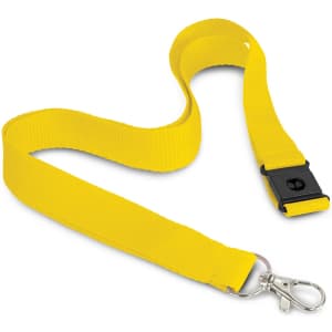 A yellow 3D logo lanyard with a clip for attaching items, featuring a sleek and smooth design.