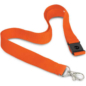 An orange 3D logo lanyard featuring a metal clip and a black buckle.