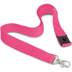 A pink 3D logo lanyard with a clip and buckle attachment for holding ID cards or keys.