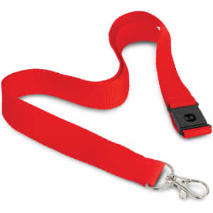 A red 3D logo lanyard made of fabric with a clip at one end and a plastic buckle.