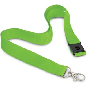 A vibrant green 3D logo lanyard with a clip attachment and a black plastic buckle.