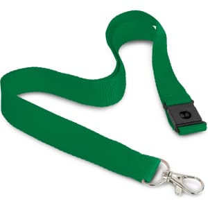 A green 3D logo lanyard with a silver clip and a black safety buckle.