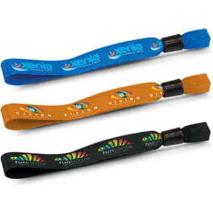 Three event wristbands in blue, orange, and black, featuring a logo and colourful graphic designs.