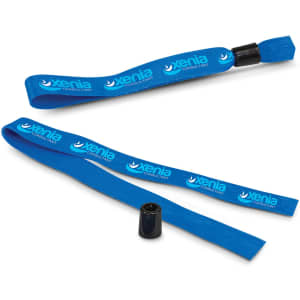 A blue event wristband with a black connector, featuring a logo on the band.