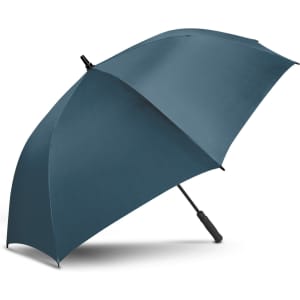 A teal umbrella with a curved handle and a sleek design. It features a branding logo on the handle.
