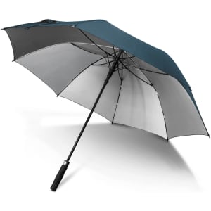 A teal umbrella with a black handle, featuring an internal silver lining and a minimalist design.