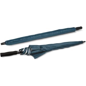 A teal umbrella with a black handle, shown both closed and partially opened, featuring a logo.