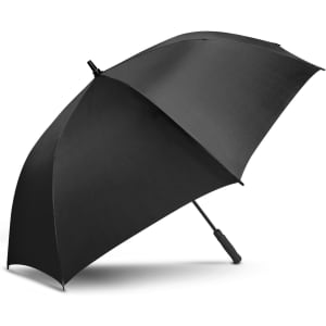 A black umbrella with a sleek design featuring a logo on the handle.
