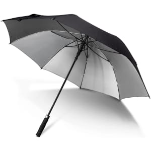 A black umbrella with a grey underside and a black handle, featuring a logo on the shaft.