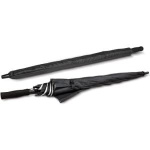 A black umbrella displayed in both its closed and open positions, featuring a sleek design and a comfortable handle.