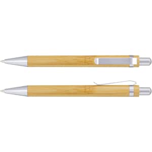 A bamboo pen with silver accents, featuring a sleek design and a clip for attachment.