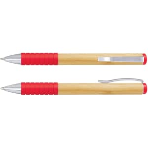 A bamboo twist pen with red rubber grip and silver accents, featuring a clip and a sleek design.