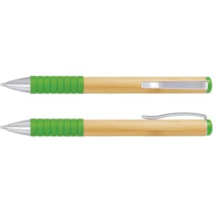 A bamboo twist pen with a green rubber grip and chrome accents, featuring a clip and retractable design.