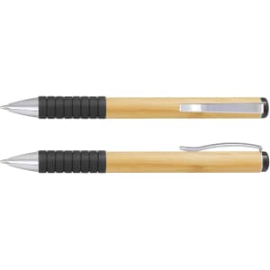 A bamboo twist pen featuring a silver clip and black grip, showcasing a natural wooden finish.