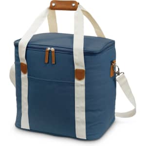 A canvas cooler bag in navy blue with cream straps and a brown leather handle, featuring a zippered top and front pocket.