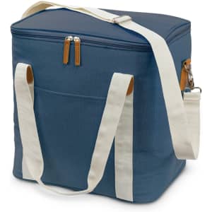 A rectangular canvas cooler bag in navy blue with white straps and a zip closure. It features a front pocket and branding.