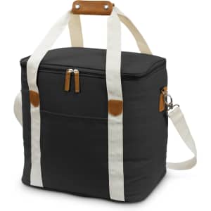 A black canvas cooler bag with white straps and a brown handle, featuring a zippered closure and pocket.