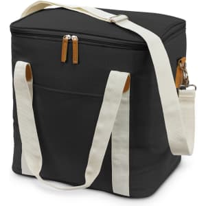 A black canvas cooler bag with cream straps and a zip closure, featuring a front pocket and branding.
