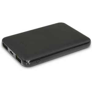 A black power bank featuring two USB ports, a charging input, and a power button, with a logo on the surface.