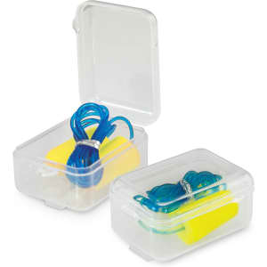 Foam earplugs in yellow with a transparent case, featuring blue cords and a lid. Two earplugs are visible.