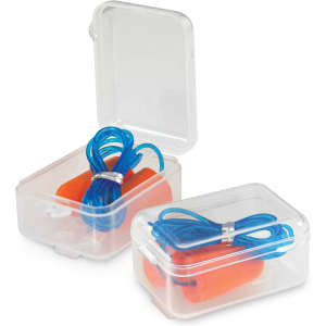 Foam earplugs in orange with blue cords, stored in clear plastic cases. Each case is partially open.