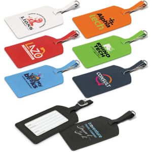 Aero Luggage Tags in various colours, featuring different branding and an attachment loop for easy use.