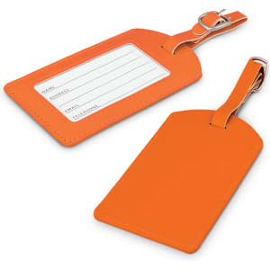 An orange luggage tag featuring a clear window for personal details and a metal clasp for attachment.