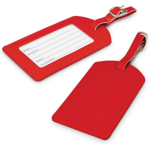Aero Luggage Tag in bright red, featuring a clear identification panel and a silver metallic buckle.