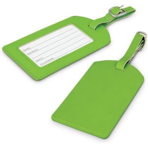 Aero Luggage Tag in vibrant green, featuring spaces for name, address, email, and telephone details.