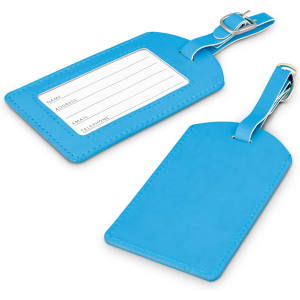 Aero Luggage Tag in bright blue, featuring a writable surface for personal information and a metal attachment clip.
