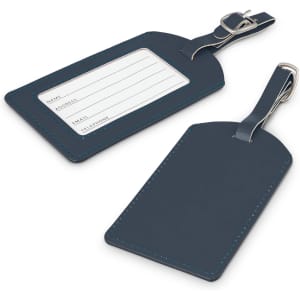 Aero Luggage Tag in navy blue, featuring a clear window for details and a metal attachment.