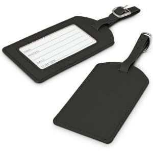 Aero Luggage Tag in black leather with clear identification window and silver metal attachment.