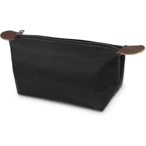 A black toiletry bag with leather accents and a zip closure. It has a rectangular shape and is made of durable material.