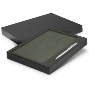 A green notebook and silver pen presented in a black gift box, perfect for office use.