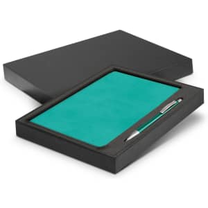 A teal notebook and silver pen set presented in a black gift box.