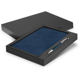 A navy notebook and a silver pen packaged in a black gift box, featuring a smooth surface.