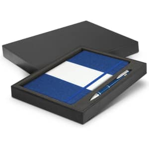 A blue notebook and pen gift set presented in a black box with a textured interior.