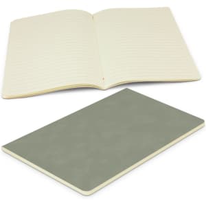 A green Elantra Notebook with lined pages, opened to show the interior, featuring a smooth cover and stitching.