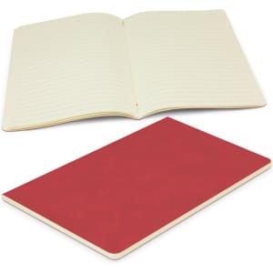 A red notebook with lined pages, featuring a smooth cover and a simple design. It has a logo on the cover.