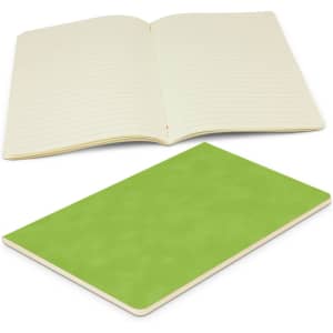 A green notebook featuring lined pages, with one open and the other closed, showing a smooth cover.