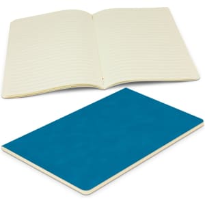 A teal notebook with a smooth cover and blank interior pages, featuring a branding logo on the front.