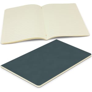 A dark green notebook with an open page featuring lined paper. The notebook has a smooth cover and branding.
