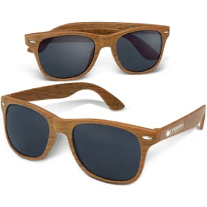 Premium sunglasses with wooden frames and grey lenses, featuring a logo on the side.
