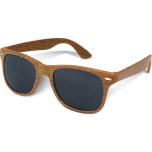 Malibu Premium Sunglasses in a wooden finish with dark lenses. Includes branding on the frame.