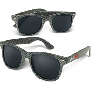 Premium carbon fibre sunglasses in grey with dark lenses and a logo on the side.