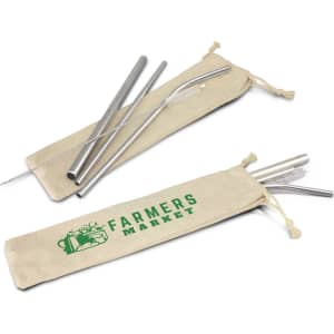 A stainless steel straw set in silver, with a beige pouch. Includes multiple straws and a cleaning brush.