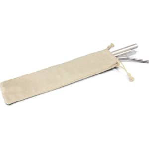 A set of stainless steel drinking straws in a natural coloured fabric pouch, featuring a cleaning brush and a logo.