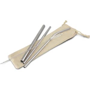 A stainless steel straw set in silver with a cleaning brush, presented in a natural fabric pouch.