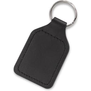 A square black leather key ring with a metal keychain attachment and decorative stitching.