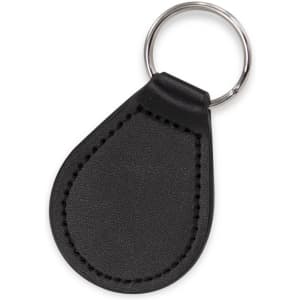A black leather round key ring featuring a metal attachment ring. The key ring has stitching details.